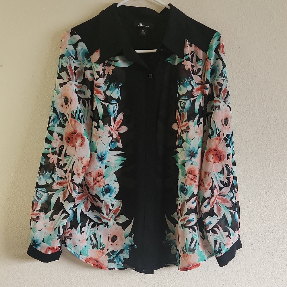 AB Studio Blouse Sheer Black Floral Size M Office Siren Whimsigoth